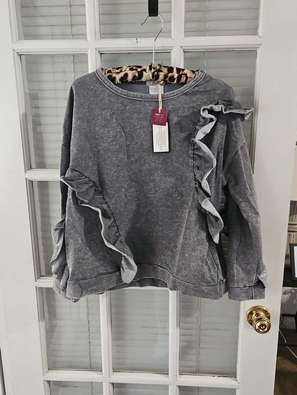 NWT Poof! Washed Gray Ruffle-Trim Pullover Sweatshirt. SZ S